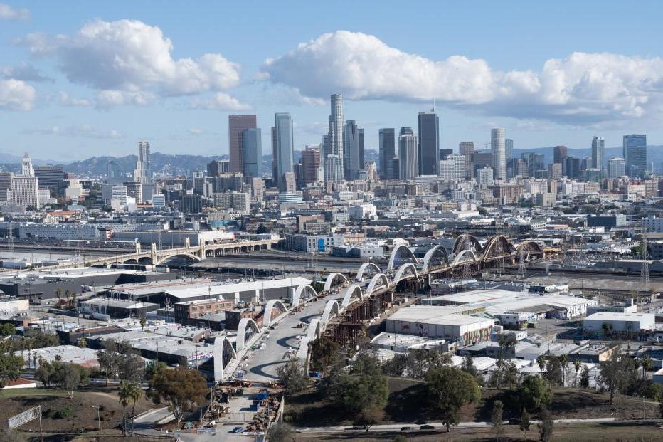 Arial view of City of Los Angeles and Sixth Street Viaduct by day